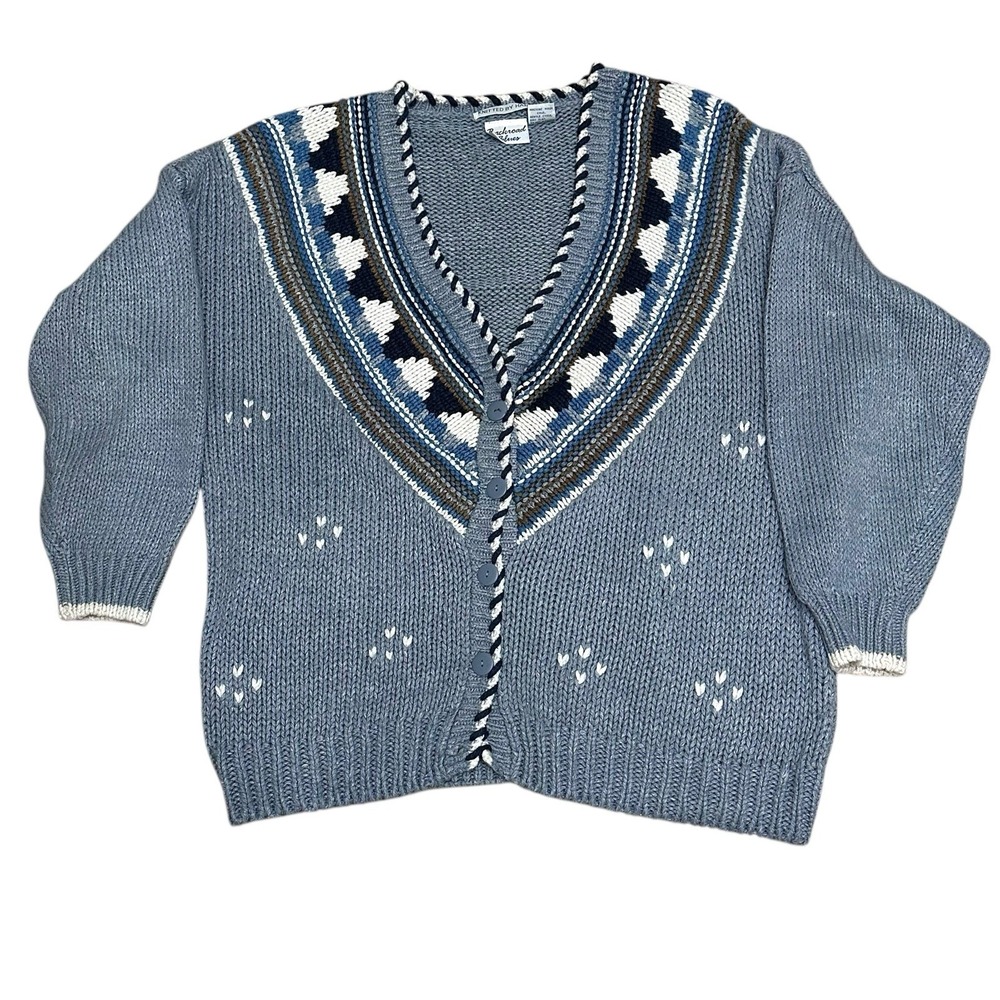 VTG BACKROAD BLUES Hand Knitted Chunky Knit Button Front Cardigan Size 22W‎